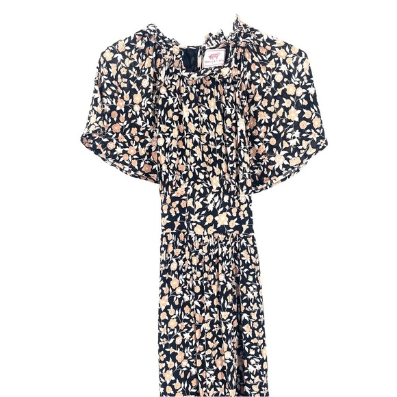 BANJANAN Anthropologie Boho Brown Black Floral Tie Waist MIDI Flowy Dress - Picture 2 of 9